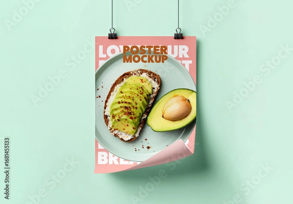 Obraz Hanging Poster Mockup with Curled Corner