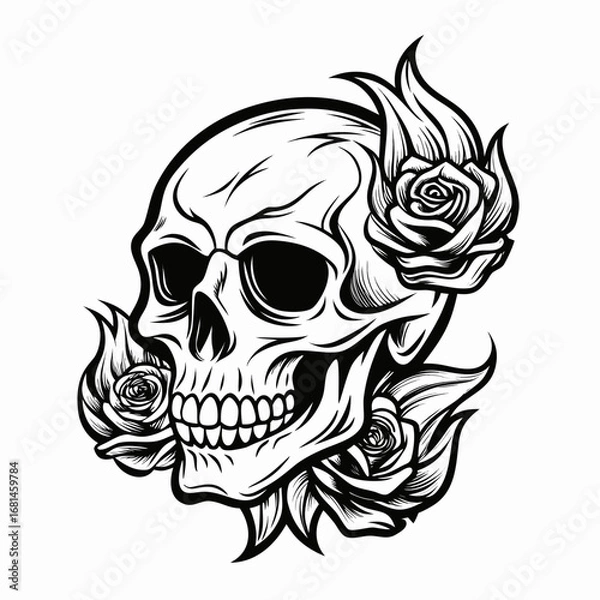 Fototapeta Intricate black and white illustration of a human skull adorned with blooming roses and fiery elements on a clean white background