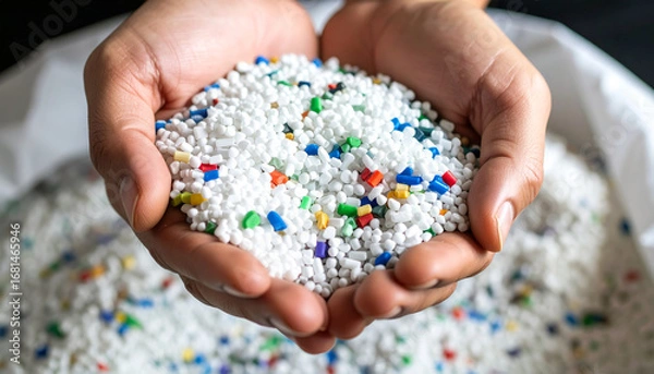 Obraz Plastic granule polymer raw material hand colorful industry manufacturing closeup texture recycling. Plastic granules human hands showing colorful polymer raw material for industry and recycling