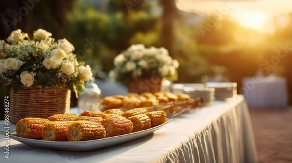 Fototapeta Table with Corn on the Cob and Floral Arrangements at Outdoor Event