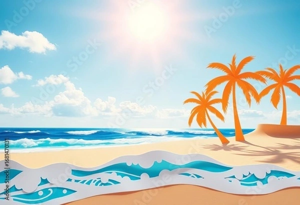 Fototapeta Sun-drenched beach scene with layered paper cut palm trees and ocean waves,  design,  vibrant