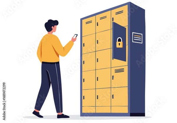 Fototapeta A man uses a smartphone to access a secure locker. Modern, clean design. Ideal for digital security or access control concepts.