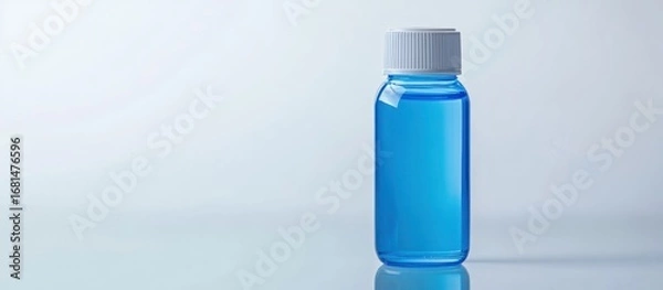 Fototapeta A Bottle of Vibrant Blue Liquid with a White Cap on a Reflective Surface