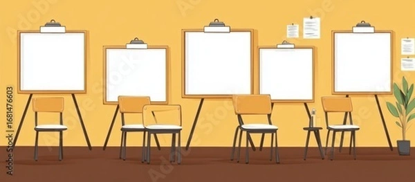 Fototapeta Classroom scene with presentation boards and chairs, perfect for educational content