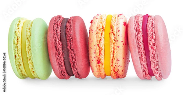Fototapeta Macarons isolated on white background. French Macaron cakes or macaroons in a row. Macarons cookie.