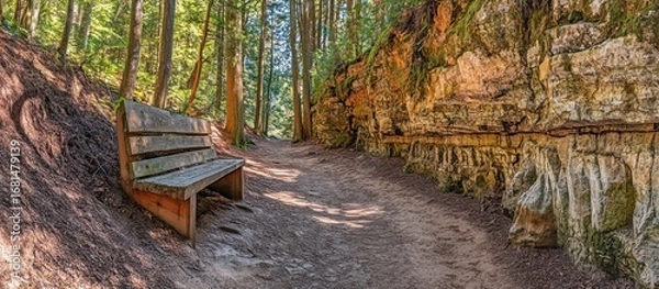 Fototapeta Serene Forest Pathway with Bench and Rocky Cliffside for Outdoor Exploration