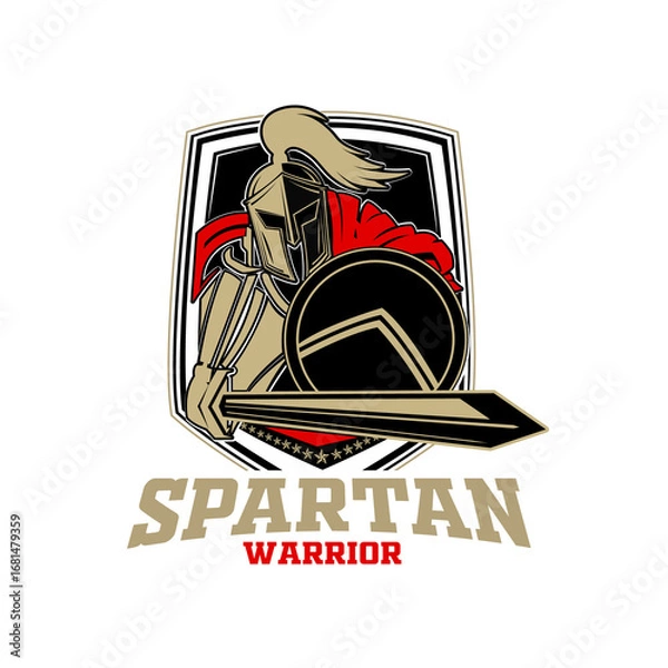 Fototapeta Modern spartan warrior with holding a shield and sword logo design perfect for apparel or branding. Vector Illustration design.