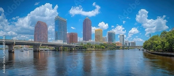 Fototapeta Panoramic view of an urban metropolis with river, bridge, and architecture panorama