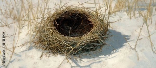 Fototapeta An Empty Bird Nest on Snowy Ground With Blades of Grass Nearby
