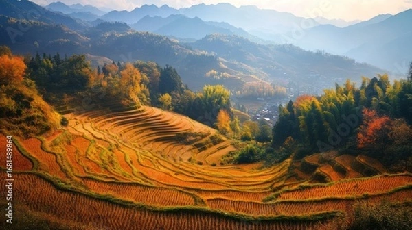 Fototapeta Stunning Panoramic View of Terraced Rice Fields Amidst Rolling Mountainous Terrain