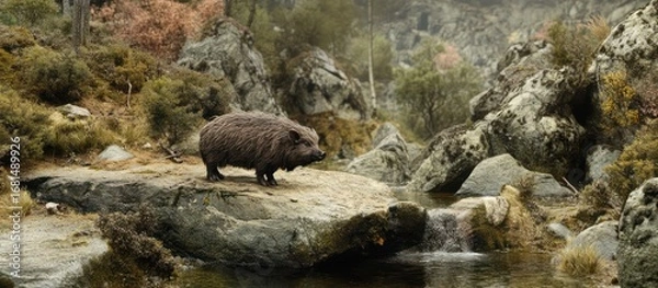 Fototapeta A Detailed Depiction of a Wild Boar Pausing at the Water's Edge in Nature