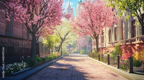 Fototapeta A beautiful street lined with pink blossom trees, inviting tranquility and peace