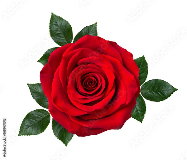 Fototapeta Close up of a beautiful dark red rose with green leaves on a white background. Detailed retouching.