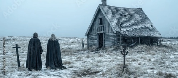 Fototapeta Mysterious Figures Approach Weather-Beaten Structure in a Barren Snowy Landscape