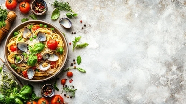 Fototapeta Artistic culinary composition of spaghetti with clams, tomatoes and fresh herbs