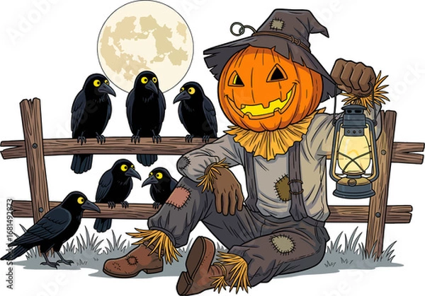 Fototapeta Pumpkin-headed scarecrow illuminated under the full moon surrounded by crows. Scarecrow figure with lantern and smiling pumpkin head surrounded by crows on a fence, Copyspace