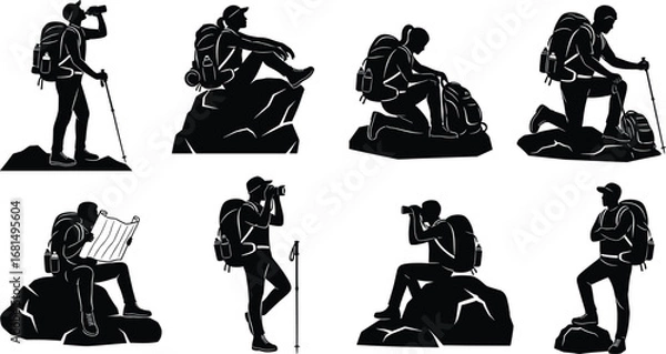 Fototapeta Silhouette collection of hikers with backpacks sitting on rocks, drinking water, exploring nature, adventure trekking vector illustration for outdoor design