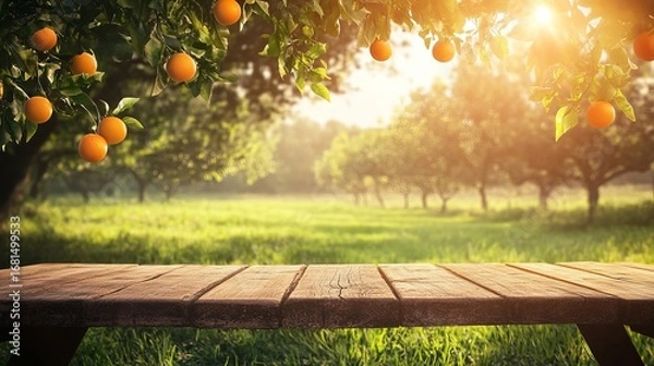Fototapeta Rustic wooden podium table on farm with orange tree and morning sunlight