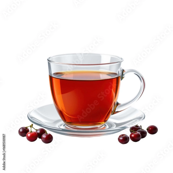 Fototapeta Clear glass cup filled with hot cherry tea placed on a white saucer surrounded by fresh cherries on a plain white background, showcasing a refreshing beverage and natural fruit ingredients