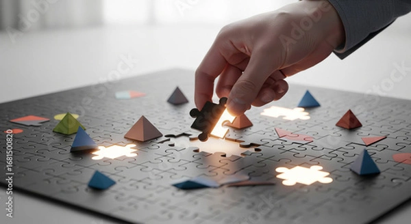 Fototapeta A striking, symbolic image of a person’s hand confidently placing the final piece of a complex puzzle. The puzzle is composed of different,