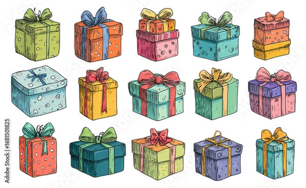 Obraz Collection of colorful hand-drawn gift boxes with bows; festive present illustration.