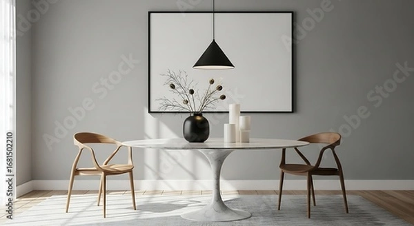 Fototapeta Modern dining room with minimalist art and two stylish chairs around a marble table