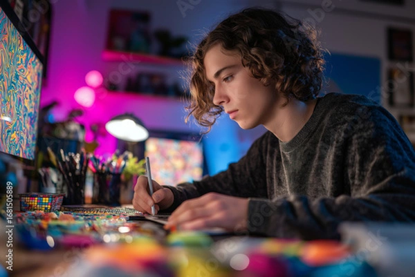 Fototapeta Portrait of a young adult with ADHD using fidget tools while working at a colorful creative desk, vibrant office environment, focused expression.