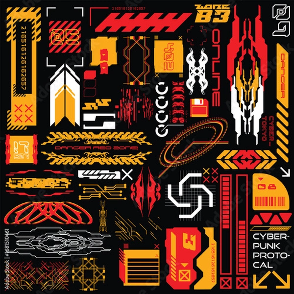 Fototapeta HUD sci-fi technology decals for futuristic gaming cyberpunk style, 2d illustration vector sticker set collection