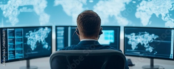 Obraz Cybersecurity analyst monitoring multiple screens with threat detection dashboard.