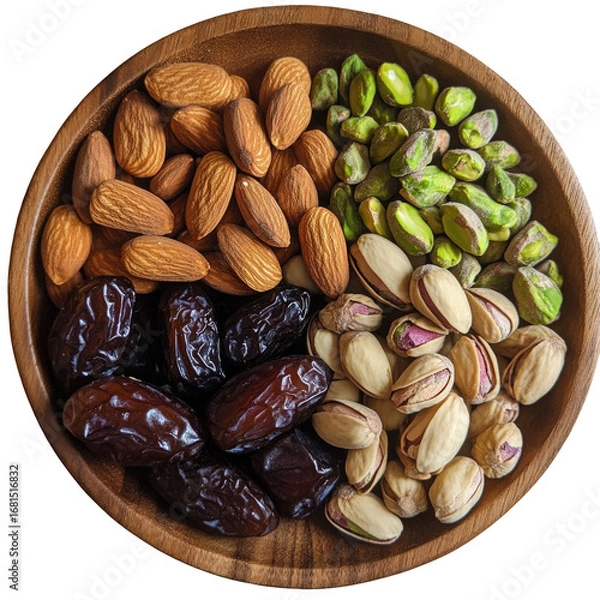 Fototapeta Assortment of dried fruits and nuts in a wooden bowl isolated on transparent background