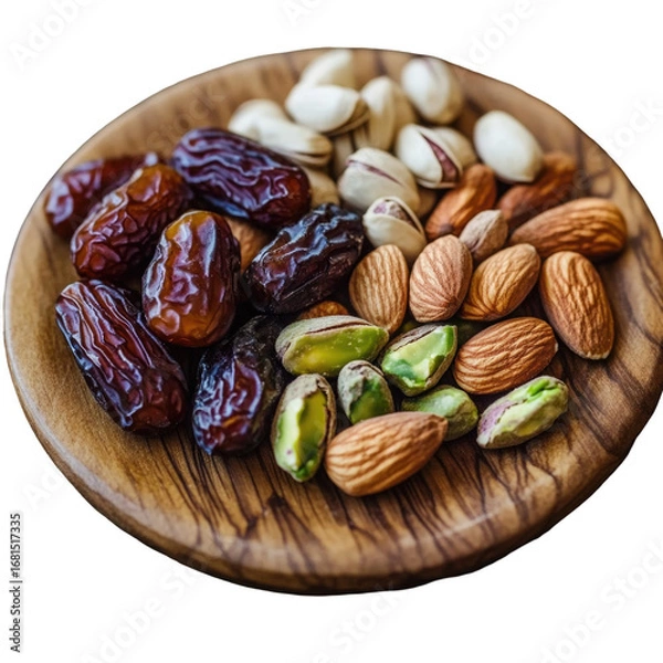 Fototapeta Assortment of dried fruits and nuts in a wooden bowl isolated on transparent background