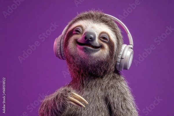 Fototapeta Happy Sloth Listening to Music with Headphones on Purple Background Studio Shot Close Up Smiling