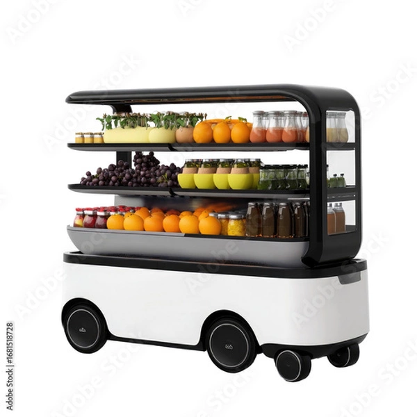 Fototapeta Autonomous delivery robot filled with fresh produce and drinks isolated on transparent background