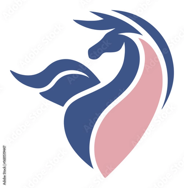 Fototapeta Modern abstract unicorn logo in blue and pink – sleek fantasy winged horse branding mark