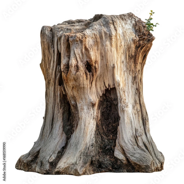 Fototapeta Detailed weathered ancient tree stump with rough bark and roots isolated on transparent background