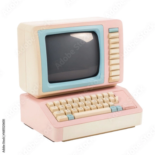 Fototapeta Retro pastel computer with keyboard isolated on transparent background