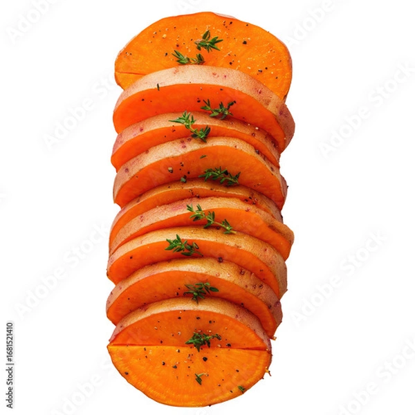 Fototapeta Stack of sliced sweet potato rounds seasoned with herbs isolated on transparent background