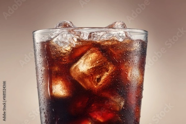 Fototapeta Refreshing cola beverage with ice cubes in glass close up studio shot on neutral background cold drink thirst quencher