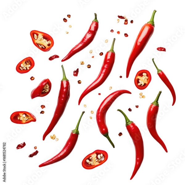 Fototapeta Fresh red chili peppers and slices isolated on transparent background