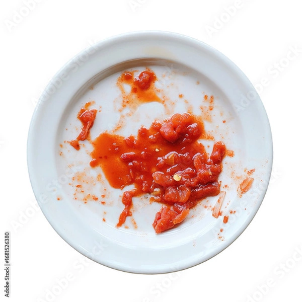 Fototapeta Dirty white plate with remnants of red sauce isolated on transparent background