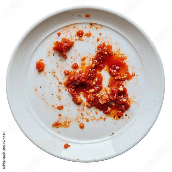 Fototapeta Dirty white plate with tomato sauce remnants isolated on transparent background