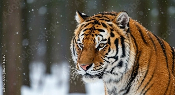 Fototapeta A tiger stares ahead in a snowy landscape its orange fur contrasted by black stripes and the white snow