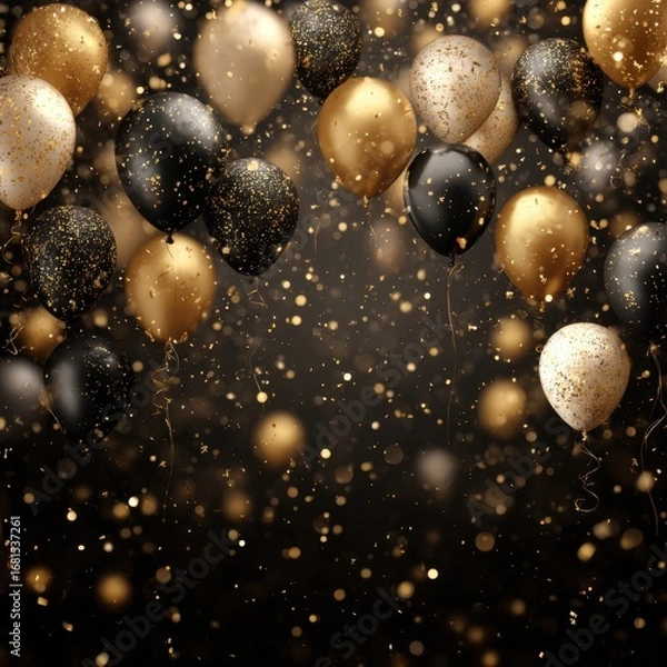 Fototapeta Celebration with Black Gold and White Balloons Floating in Air with Confetti on Dark Background
