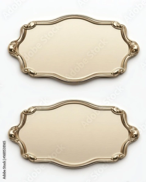 Fototapeta Two elegant gold nameplates on white background studio shot for signage or engraving with ornate detail