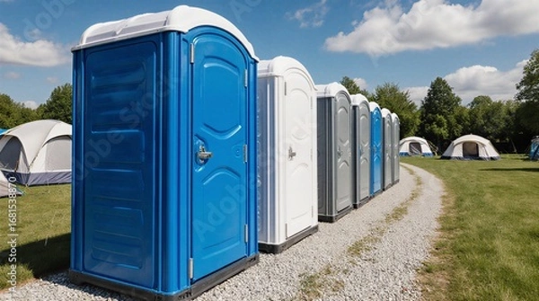Fototapeta row of portable toilets under sunny sky at outdoor event | event, camping, public space, outdoor, sanitation theme