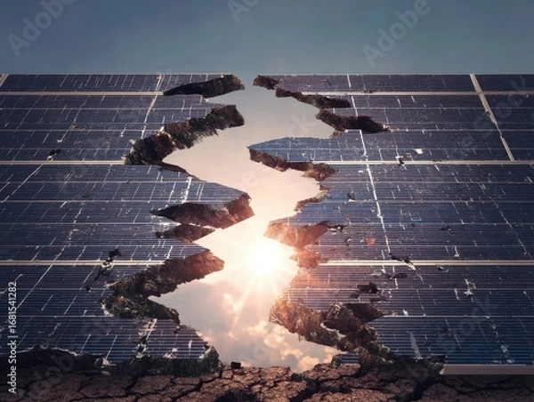 Fototapeta Broken solar panels with sun shining through the crack, environmental damage concept, close up view, arid land