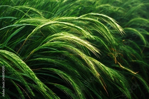 Fototapeta Close-up of Green Foxtail Grass Blades with Water Droplets in a Field, Low Angle, Nature Photography