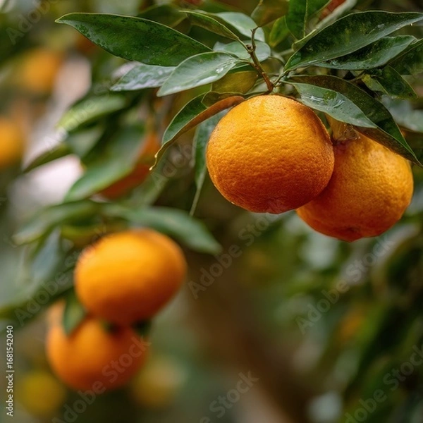 Fototapeta Close-up view of ripe oranges hanging on a tree branch in an orchard on a rainy day in a natural setting