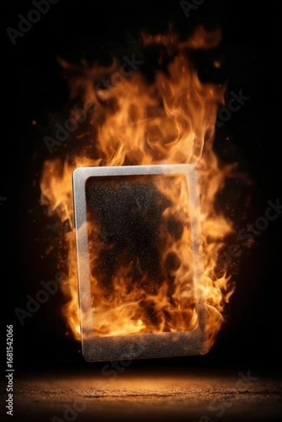 Fototapeta Burning Tablet Device Close Up Dramatic Shot Against Black Backdrop Intense Flames and Sparks Concept of Danger and Speed