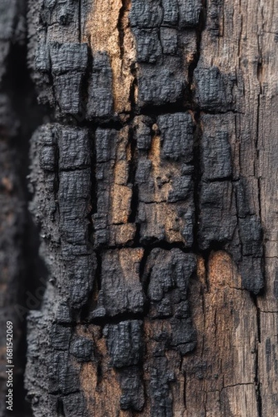 Fototapeta Close-up of Charred Wood Texture Showing Burned Surface and Underlying Grain Structure in Macro Detail, Dark and Dramatic